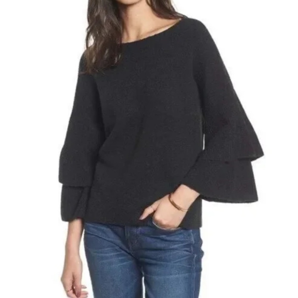 Madewell Black Ruffled Tiered Sleeve Wool Blend Boat Neck Womens Sweater Large